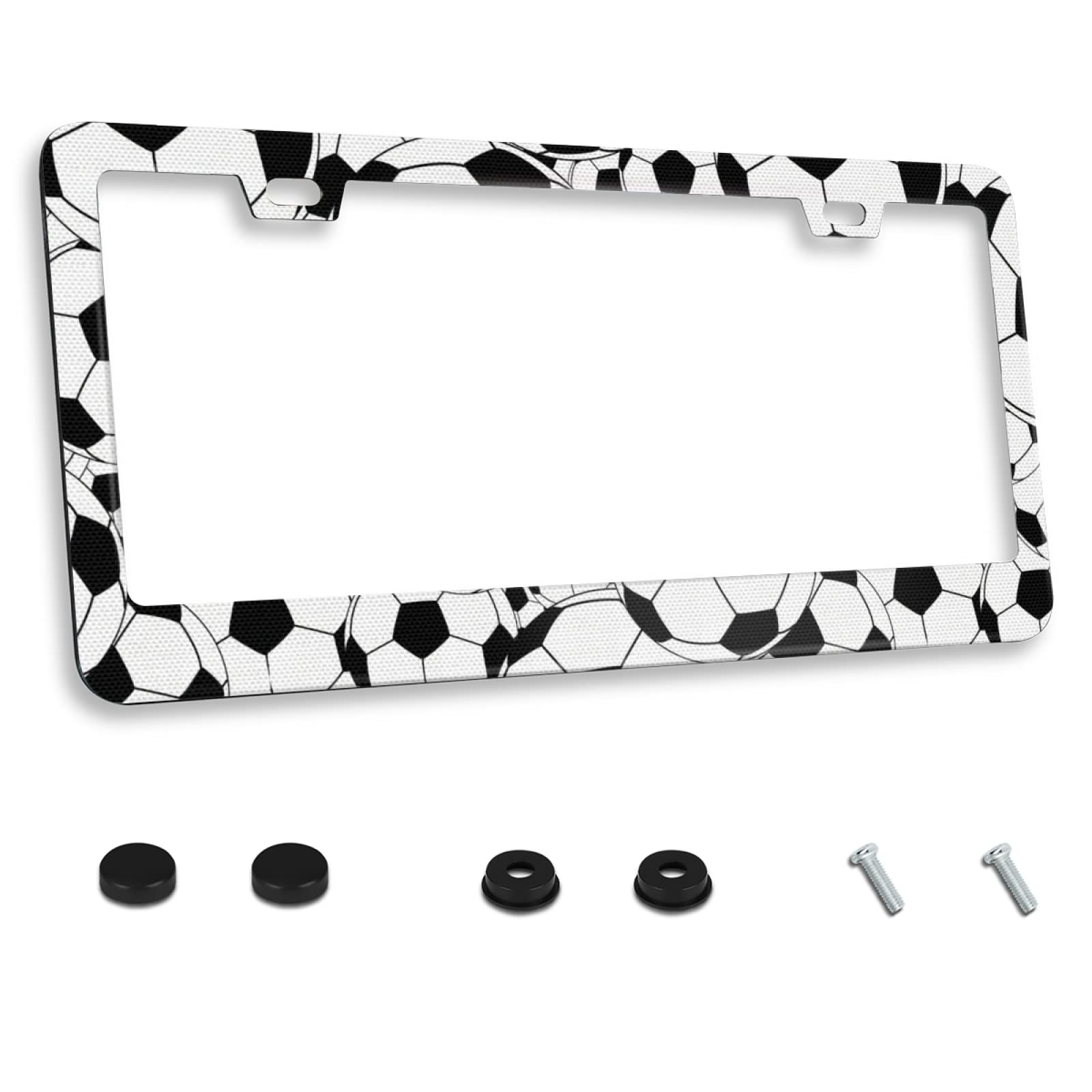 Personalized License Plate Frame Stainless Steel Soccer Ball Collage Pattern Car License Plate Accessory Decorative 2 Holes And
